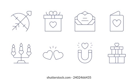 Valentine's Day icons. Editable stroke. Containing archery, candelabra, present, heart, letter, magnet, wedding gift, greeting card.