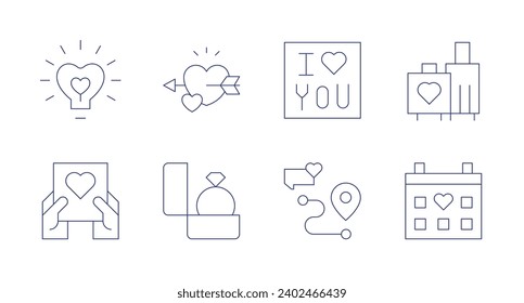 Valentine's Day icons. Editable stroke. Containing idea, card, fall in love, proposal, love message, location, honeymoon, calendar.