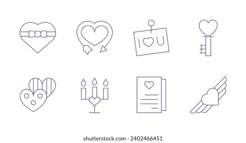 Valentine's Day icons. Editable stroke. Containing chocolates, cupid, chocolate, candle, i love you, love letter, love key, heart.