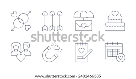 Valentine's Day icons. Editable stroke. Containing gender, couple, arrow, attraction, letter, notebook, cake, calendar.