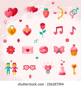 Valentine's day icons elements collection. Vector illustration. Love concept symbols. Cupid bow, gender sign, couple, sweet cupcake letter, poison.