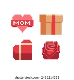 Valentines day icons, gift box, rose, mom heart. Pixel art. Happy Women day holiday banner, 8 March celebration. Greeting postcard element with number eight symbol. Isolated vector illustration.