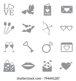 Valentines Day Icons. Gray Flat Design. Vector Illustration. 