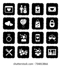 Valentines Day Icons. Grunge Black Flat Design. Vector Illustration. 