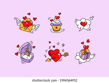 Valentine's Day icons. Hand drawn sketch style. Set of drawn elements on a love theme. Vector illustration of a letter with wings, a cake, a cloud, a box with a ring, hearts with an arrow, a gift.