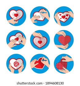 Valentine's day icons with hands and hearts.