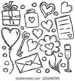 Valentine's day icons. Illustration with hearts, giftbox, flowers. Love background