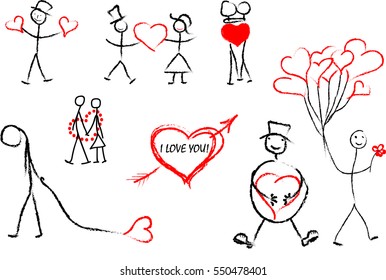 Valentine's Day icons with line art figures and red hearts