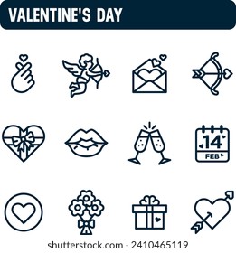 Valentine's day icons. Love and friendship day vector set. Outline icon design. Cupid and heart.