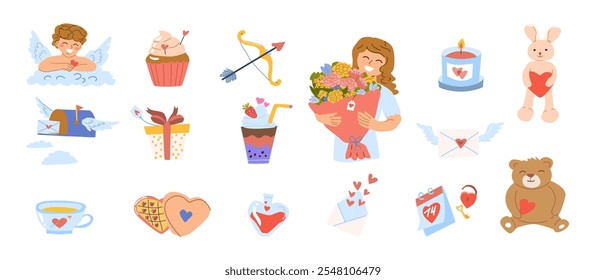 Valentine's day icons: love, gifts, and sweet surprises elements.