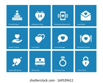Valentine's Day icons on blue background. Vector illustration.