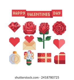 Valentines day icons. Pixel art. Happy Women day holiday banner, 8 March celebration. Greeting postcard element with number eight symbol. Isolated vector illustration.