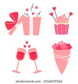 Valentine's Day icons. Romantic set with gift box, cupcake, wine glasses, and bouquet. Vector illustration isolated