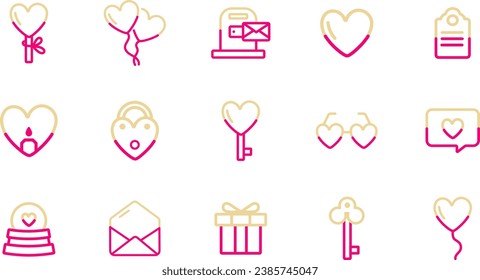 Valentine's day icons series. 15 romantic icons with pink and yellow outline