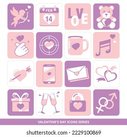 Valentine's day icons series - Cupid, 14 February, Love, Sweet Bear, Finger Heart, Lover, Hot Drink, Love Music, Love Arrows, sweet message, Love Letter, Heart with Heart, Gift, cheers, Lock. 