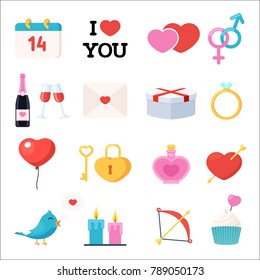 Valentines Day icons set. 14 february symbols, love. Vector illustration in flat style isolated on white background