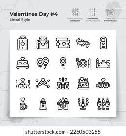 Valentine's day icons set in black line style with holiday travelling and dinner themed. A Collection of love and romance vector symbols for Valentine's Day celebration. 
