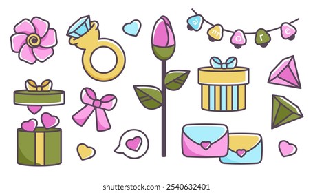 Ícones do Dia dos Namorados. Conjunto de desenhos animados Doodle Valentine elementos. Símbolo do esboço de Valentines. Coração bonito, anel, mensagem, arco, joia, luz, rosa. Ilustração em plano vetorial
