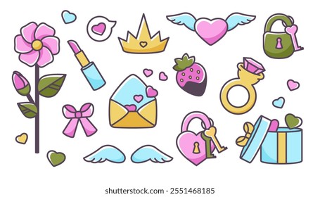 Valentinstag-Symbole gesetzt. Sammlung von Cartoon Doodle Valentine Symbole. Valentinstag-Gliederungselemente. Niedliches fliegendes Herz, Gegenwart, Ring, Erdbeere, Schleife, Juwel, Schloss, Blume. Vektorgrafik