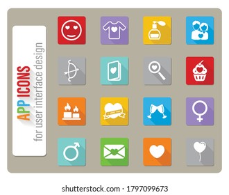 Valentines day icons set in flat design with long shadow