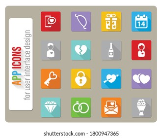 Valentines day icons set in flat design with long shadow
