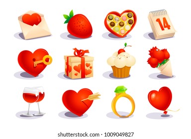 Valentine's day icons set - gift box, bouquet of flowers, glasses of wine, chocolate box, gold ring, etc.