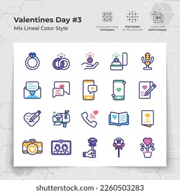 Valentine's day icons set in line color fill style with wedding gifts and chat themed. A Collection of love and romance vector symbols for Valentine's Day celebration. 
