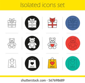 Valentine's Day icons set. Linear, black and color styles. Teddy bear, gift box, Valentines Day sale. Isolated vector illustrations