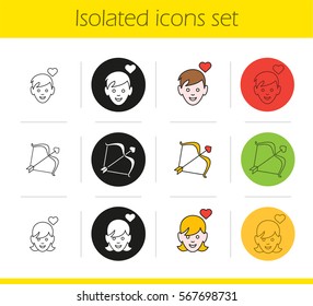 Valentine's Day icons set. Linear, black and color styles. Enamoured boy and girl, Cupid's bow and arrow. Isolated vector illustrations
