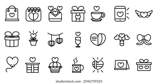 Valentines day icons set. Outline symbols. Celebration. editable	