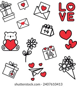Valentine's Day icons set with red