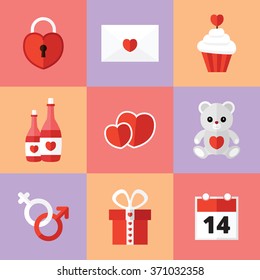 Valentines Day Icons Set with Romantic Elements in a Flat Design