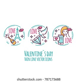 Valentines day icons. Stamp, Sticker, Label. Romantic design elements. Vector outline style illustration for your design