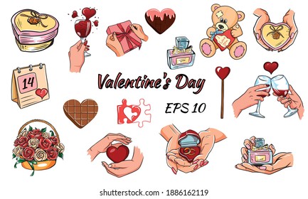 Valentine's Day Icons: teddy bear, letter, ring with a diamond, sweetmeats, glasses of wine, heart, rose, cupcake and gift. Vector illustration.