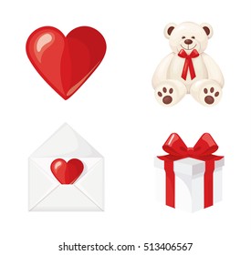 Valentine's Day Icons: teddy bear, letter, heart and gift. Vector illustration isolated on white background.