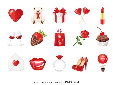 Valentine's Day Icons: teddy bear, letter, ring with a diamond, sweetmeats, glasses of wine, heart, rose, cupcake, strawberry in chocolate and gift. Vector illustration isolated on white background.