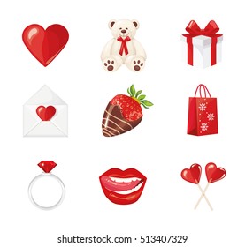 Valentine's Day Icons: teddy bear, letter, ring with a diamond, sweetmeats, heart, red lips, strawberry in chocolate and gift. Vector illustration isolated on white background.