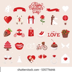 Valentine's Day Icons: teddy bear, letter, ring with a diamond, sweetmeats, glasses of wine, heart, rose, cupcake, strawberry in chocolate and gift. Vector illustration.