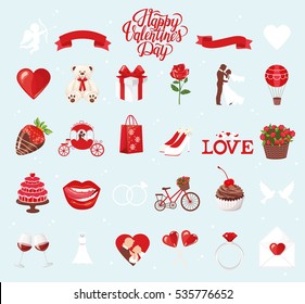 Valentine's Day Icons: teddy bear, letter, ring with a diamond, sweetmeats, glasses of wine, heart, rose, cupcake, strawberry in chocolate and gift. Vector illustration.