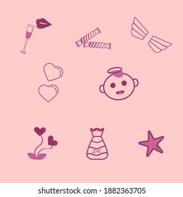 Valentine's day icons. Vector drawing with lips, glass of wine, candy, hearts, flower, angel, wings on a pink background. Love stickers. Vector image.