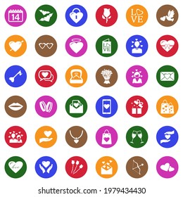 Valentine's Day Icons. White Flat Collection In Circle. Vector Illustration.