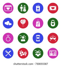 Valentines Day Icons. White Flat Design In Circle. Vector Illustration. 