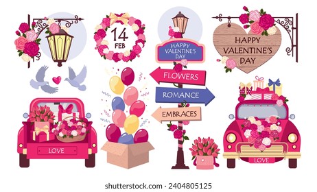 El Día de San Valentín ilustró elementos establecidos. Colección de romántica clipart - un auto con flores, un puntero, globos, un cartel, una lámpara de calle y más. Clíparte vectorial ilustrada.