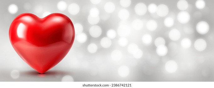 Valentine's day illustration with big red shiny heart on a blurred background with bokeh effect