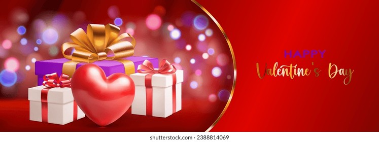 Valentine's day illustration with big red heart and several colored gift boxes with ribbons and bows on a red background with bokeh effect, golden strip and text