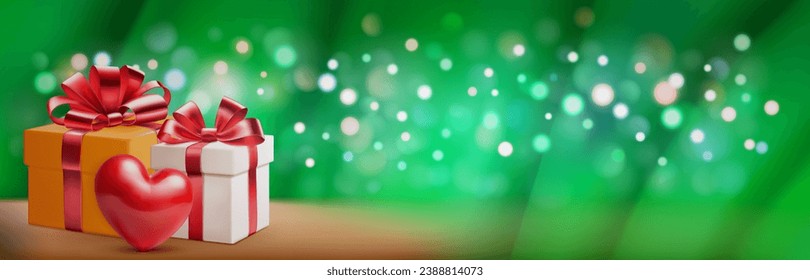Valentine's day illustration with big red heart and several colored gift boxes with ribbons and bows on a green blurred background with bokeh effect