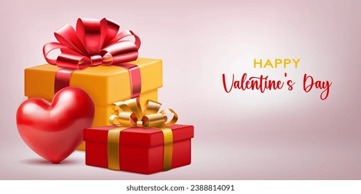 Valentine's day illustration with big red heart and two colored gift boxes with ribbons and bows