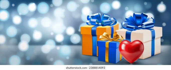 Valentine's day illustration with big red heart and several colored gift boxes with ribbons and bows on a light blue background with bokeh effect