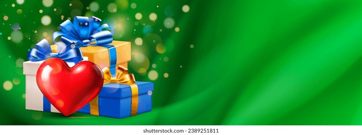Valentine's day illustration with big red heart and several colored gift boxes with ribbons and bows on a green background with bokeh effect, golden strip and place for text