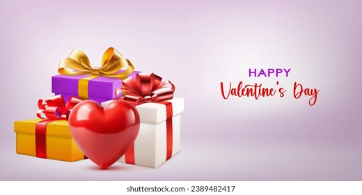 Valentine's day illustration with big red heart and several colored gift boxes with ribbons and bows